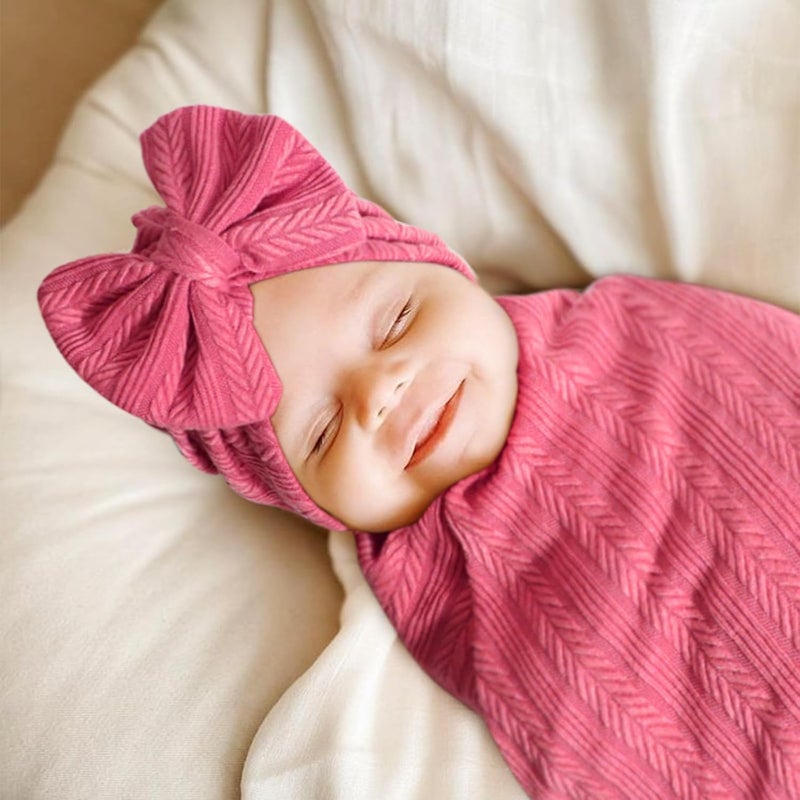 DRESHOW BQUBO Baby Swaddle Blankets for Girls, 4PCS Newborn Accessories Set with Matching Hat and Bow Headband with Hello World Wooden Birth Announcement Card - Image 3